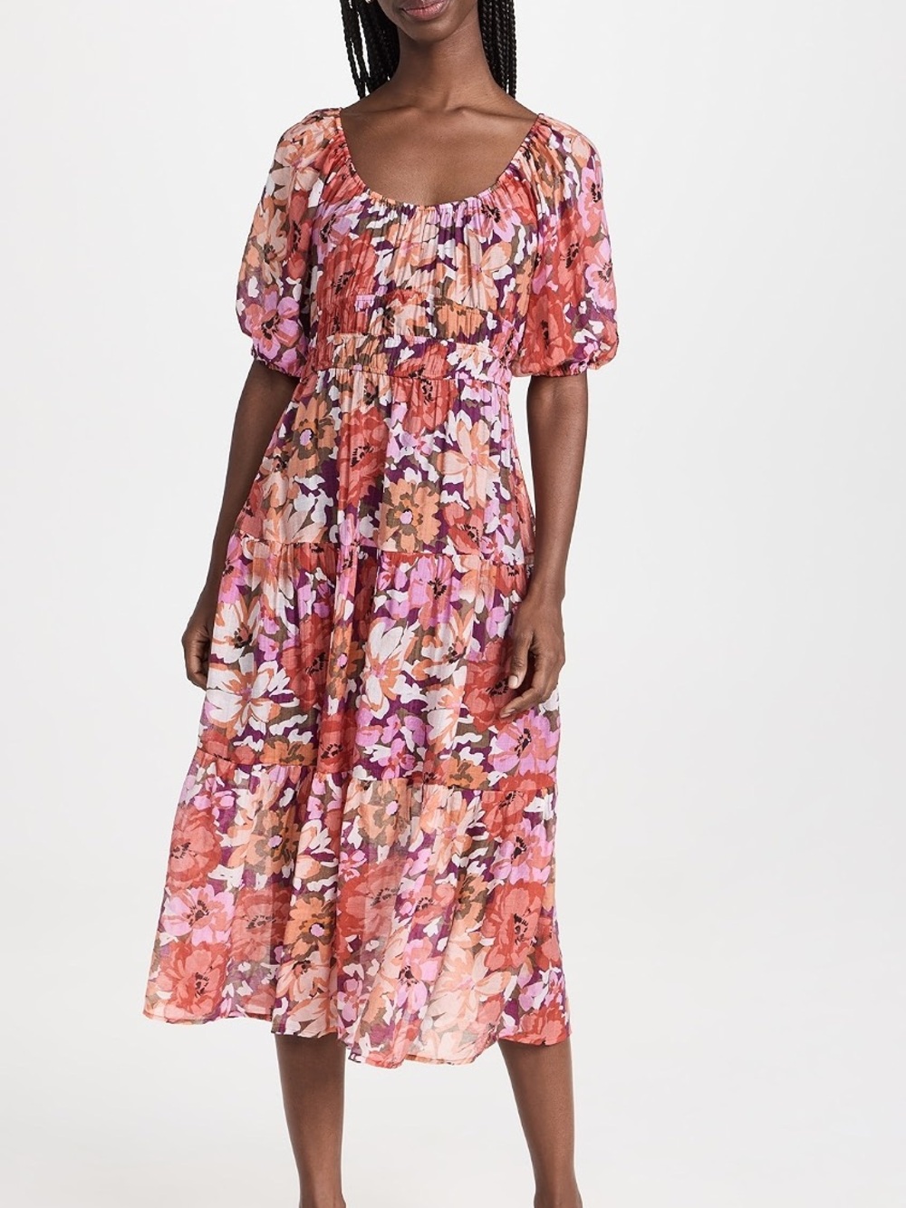 MINKPINK Zanita Tiered Floral Midi Romantic Smocked Waist Dress Size M